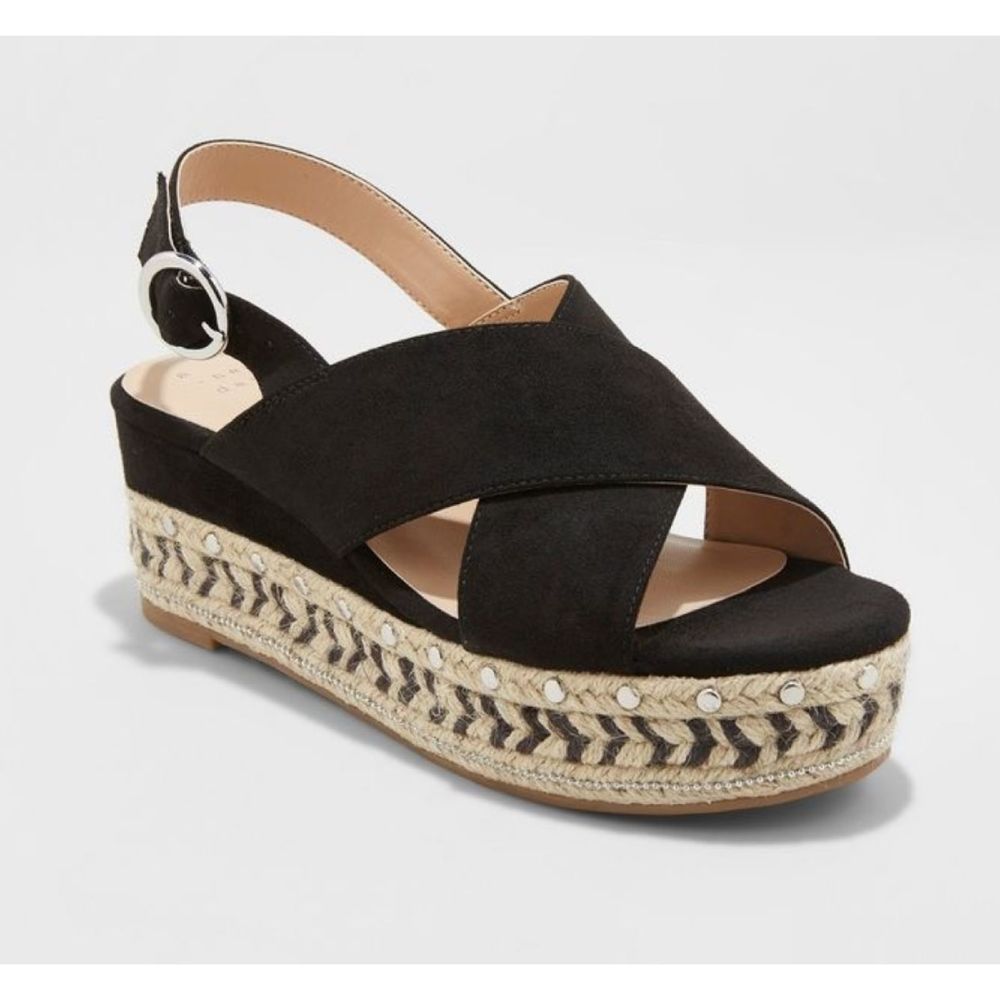9.5 A NEW DAY TRISTA CROSS TOE WOVEN PLATFORM BUCKLE BACK SANDALS, BLACK NWOB